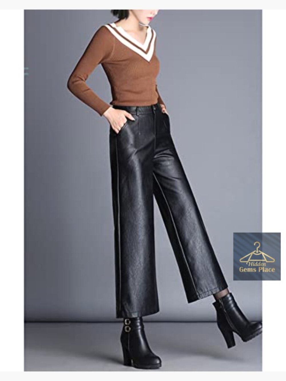 High Waist Wide Leg Faux Leather Palazzo Pants Elastic Waist - Picture 5 of 7